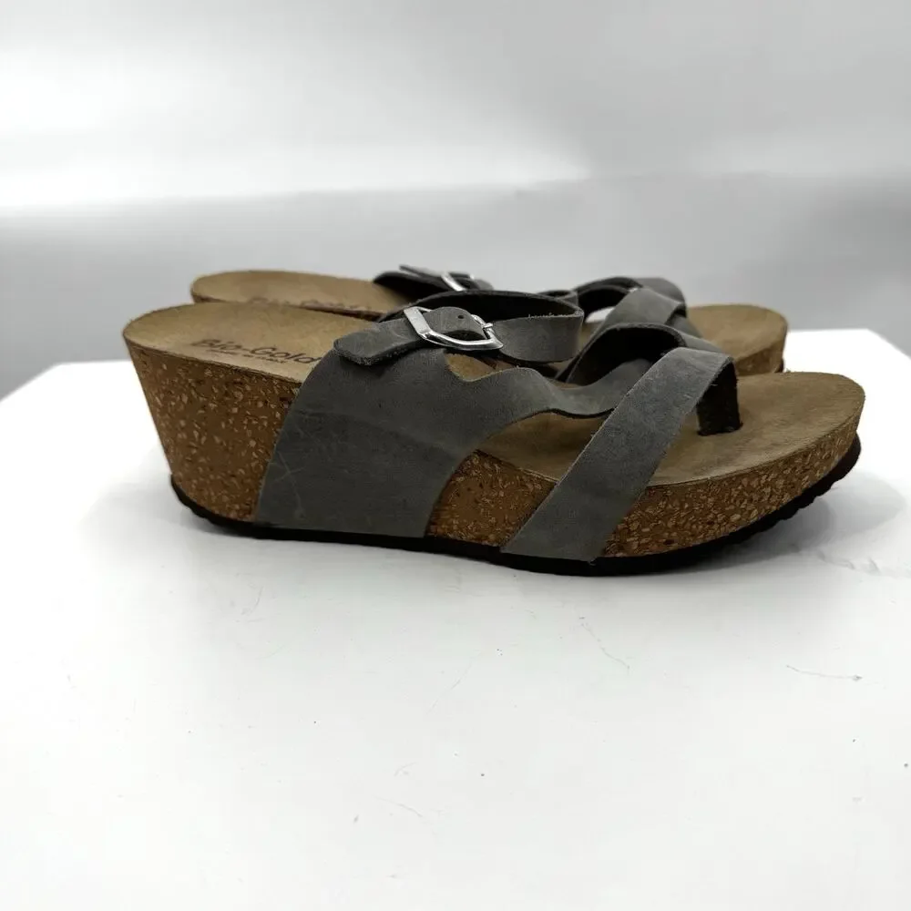 Bio-Gold Italian Gray Suede Cork Wedge Sandals Strappy Thong Size 6